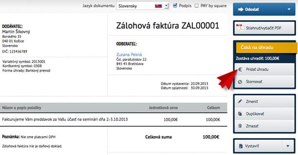 Úhrada zálohovej faktúry v SuperFaktúře Pridanie úhrady