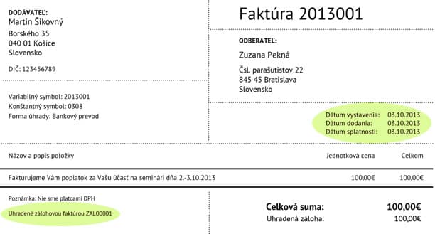 Ostrá faktúra za účasť v seminári Ostrá faktúra