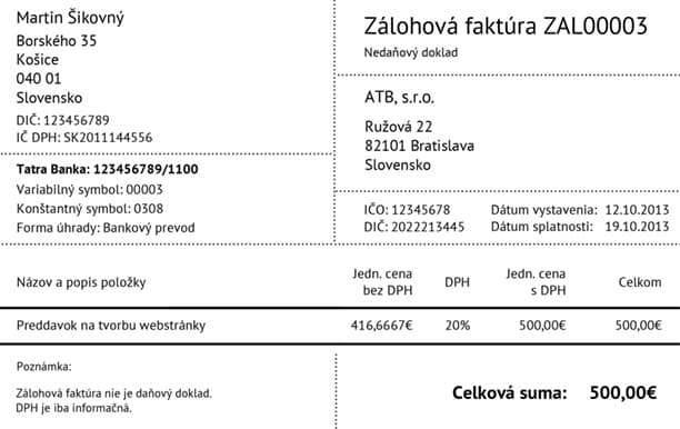 Zálohová faktúra Zálohová faktúra 03