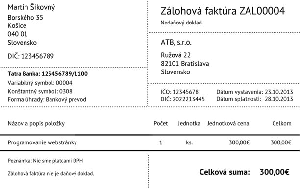 Vzor faktúry Zálohová faktúra 04