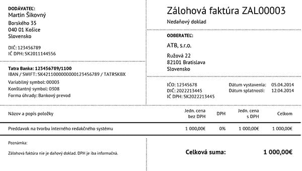 Zálohová faktúra DPH zaloha