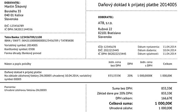 Daňový doklad DPH zaloha