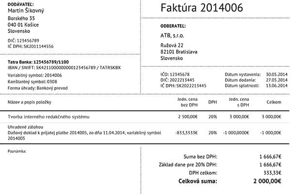 Zostávajúca suma za faktúru DPH zaloha