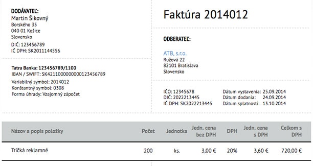 Faktúra na 200 ks tričiek Dobropis