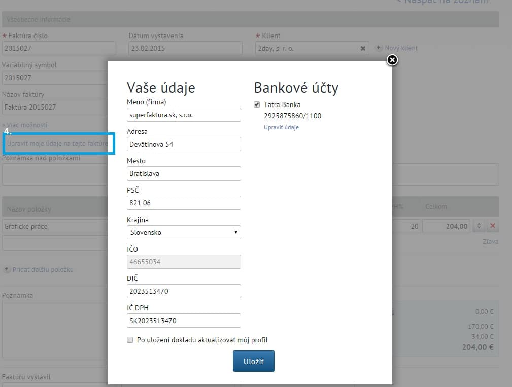 Úprava fakturačných údajov a bankových účtov Nová faktúra