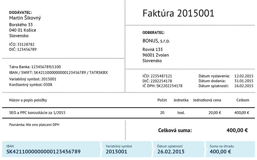 Vzor faktúry pro neplatce DPH Neplatiteľ DPH