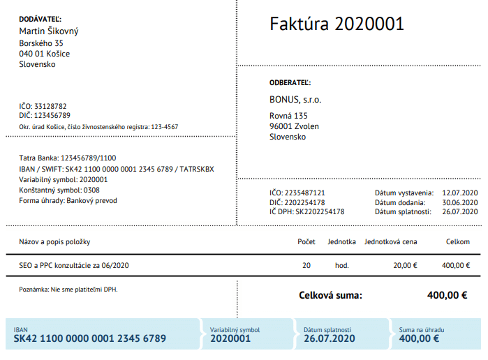 faktura neplatca DPH fakturacia vzor faktury