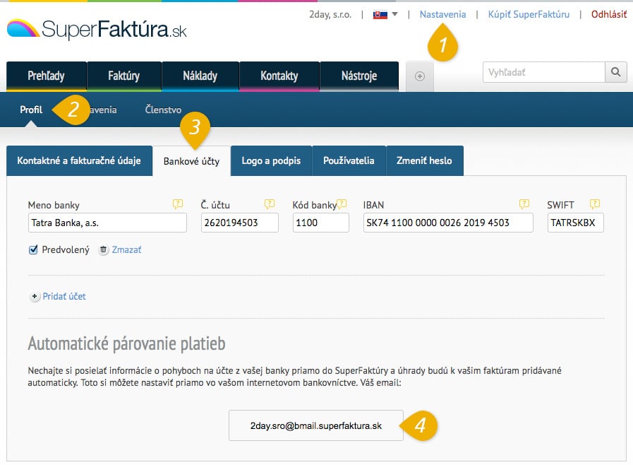 Výber klienta, dátumu splatnosti a dátumu vystavenia Automatické párovanie platieb