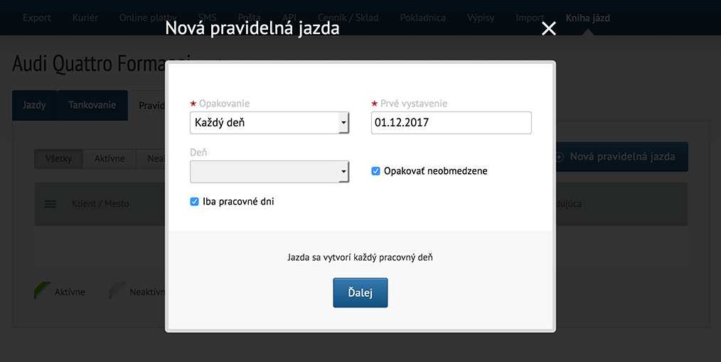 Kniha jázd - Nová pravidelná jazda