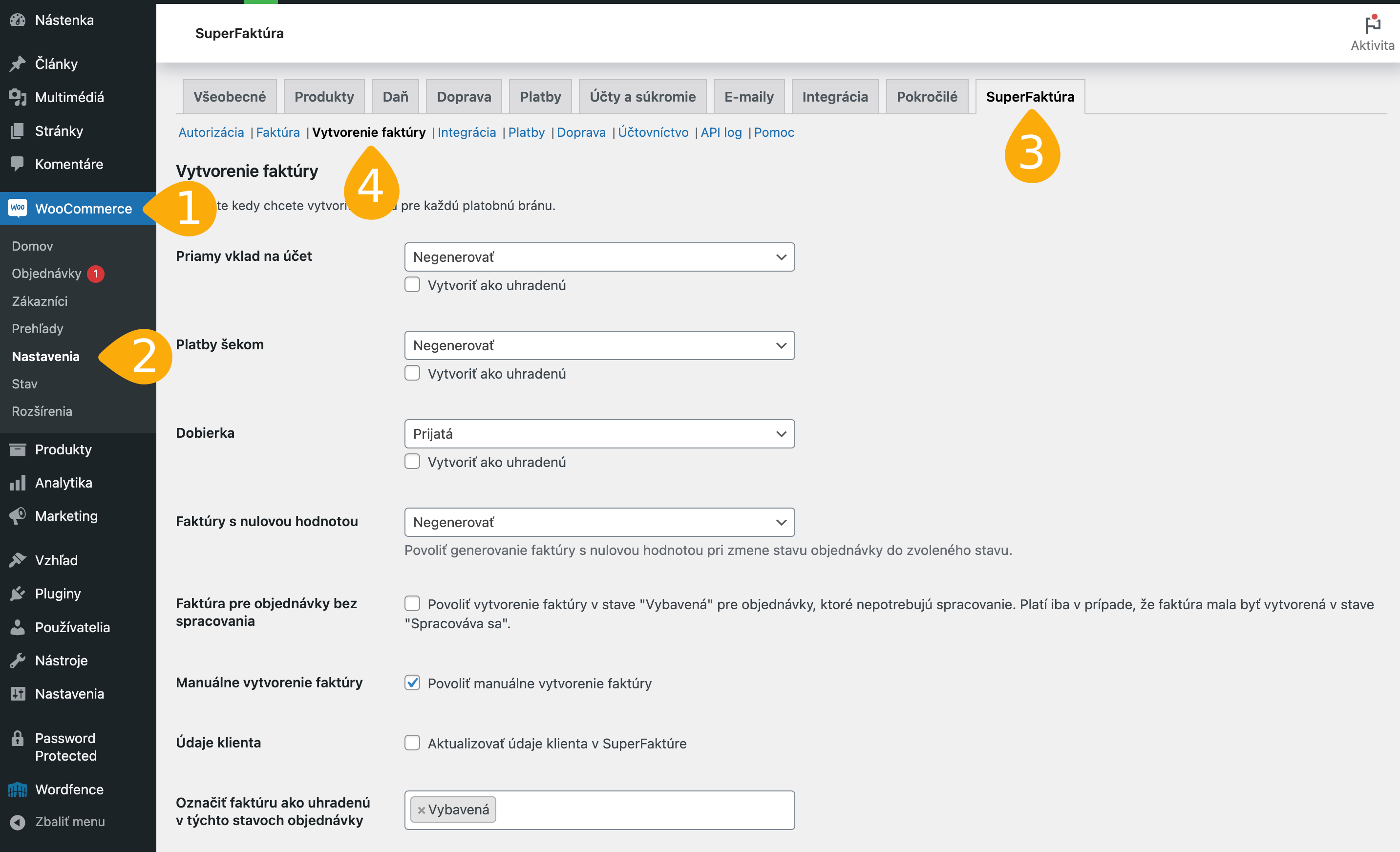 Nastavenie pre vytvorenie faktúry cez plugin SuperFaktúra pre WooCommerce