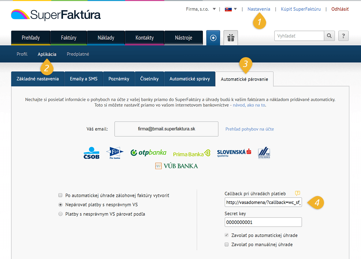 SuperFaktura nastavenia automaticke parovanie