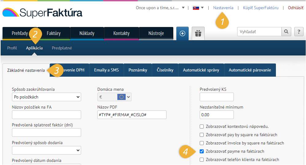 zapnutie checkboxu zobrazovat payme na fakturach