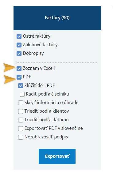 export faktúr do PDF a Excelu
